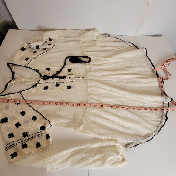 Free People Semi Sheer Peasant Style Tunic w/Embroidery Tie Front Beige/Blk Sz L - Picture 12 of 14